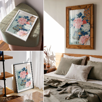 Decorative poster Peacock and Peonies, vintage Japanese woodblock print by Utagawa Hiroshige