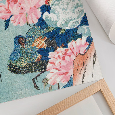 Decorative poster Peacock and Peonies, vintage Japanese woodblock print by Utagawa Hiroshige