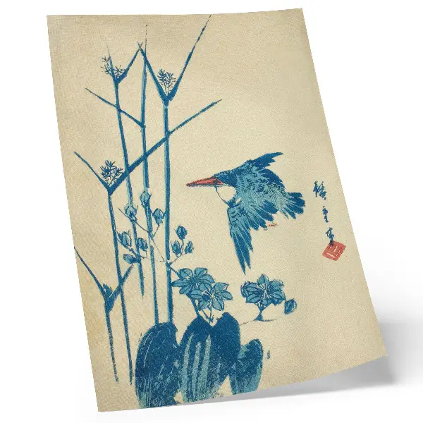 Decorative poster featuring Kingfisher and monochory by Utagawa Hiroshige