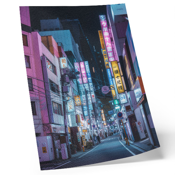 Art print Night city street with neon signs