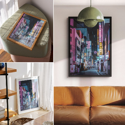 Art print Night city street with neon signs