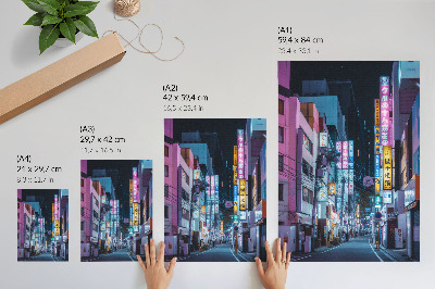 Art print Night city street with neon signs