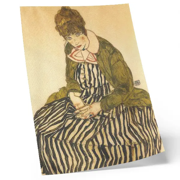Decorative poster featuring Portrait of Edith Schiele in a Striped Dress (1915) by Egon Schiele