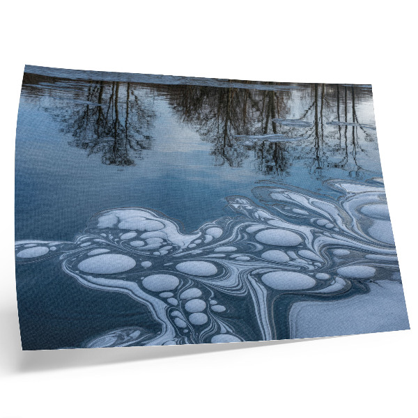 Decorative canvas print Ice on the lake, reflections of trees, blue tones