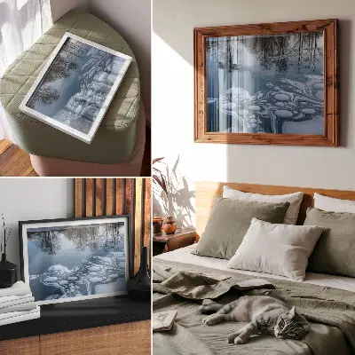 Decorative canvas print ice on the lake with tree reflections in blue tones