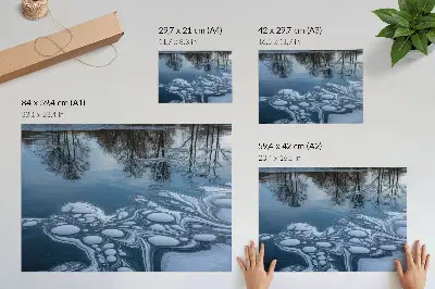 Decorative canvas print ice on the lake with tree reflections in blue tones
