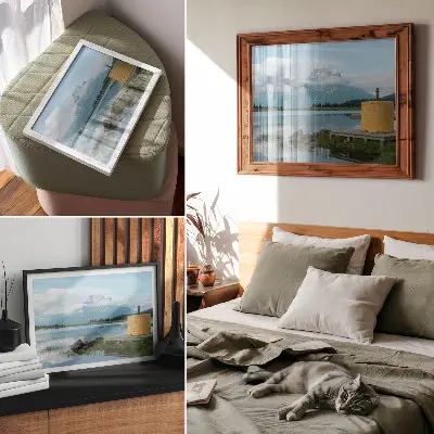 Photo canvas mountains, lake, clouds, and bridge