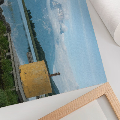 Photo canvas Mountains, lake, clouds, bridge