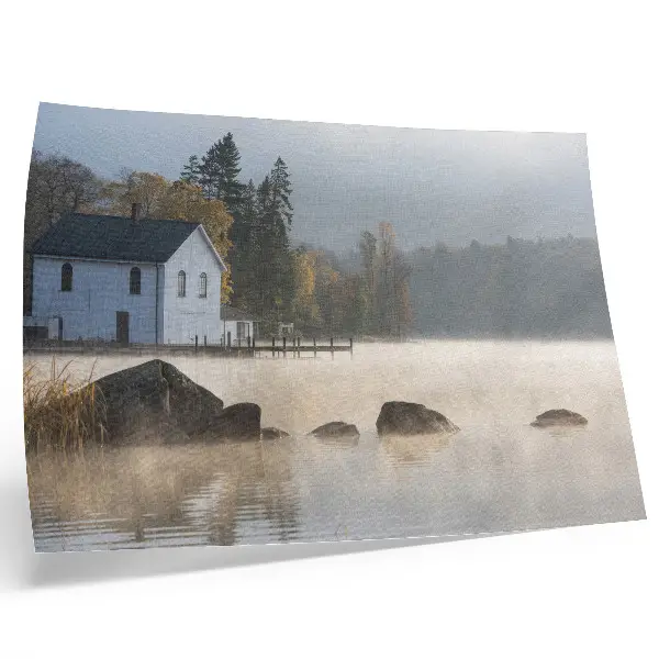 Poster foggy landscape with a lake cottage and autumn trees
