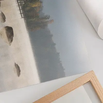 Poster foggy landscape with a lake cottage and autumn trees