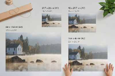 Poster Foggy landscape lake cottage trees autumn