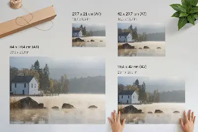 Poster foggy landscape with a lake cottage and autumn trees