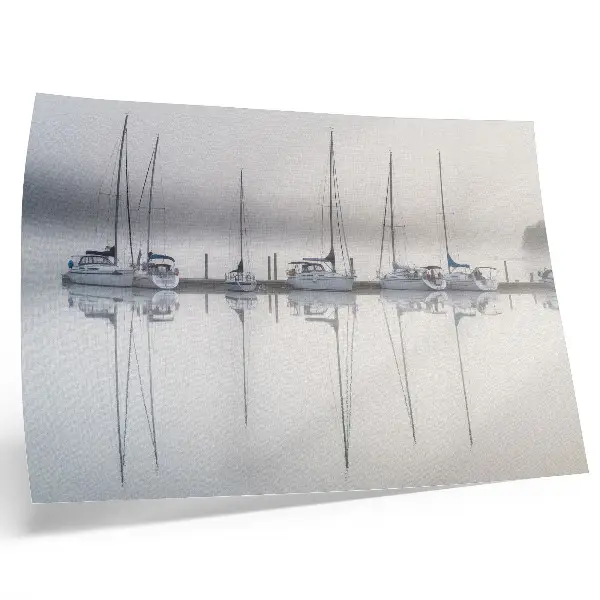 Poster foggy marina with calm yachts and water reflection