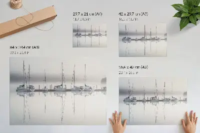 Poster foggy marina with calm yachts and water reflection
