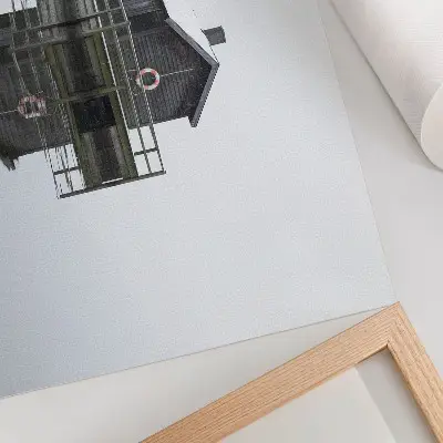 Poster wooden cottage by the water featuring symmetry and minimalism