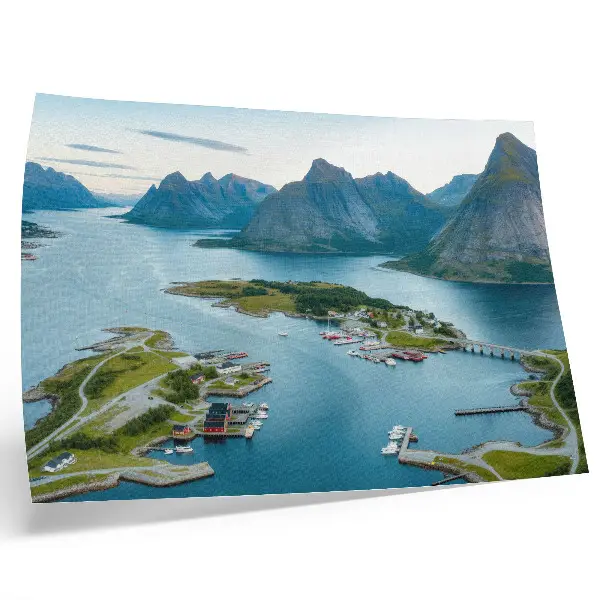 Poster fjords, mountains, and a town featuring peace and harmony