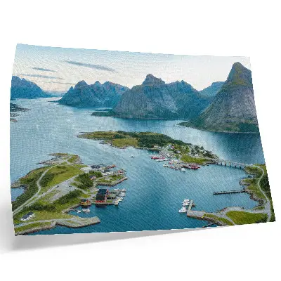 Poster fjords, mountains, and a town featuring peace and harmony