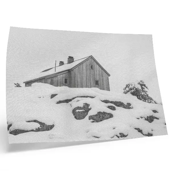 Decorative canvas print minimalist winter house with a snowy backdrop