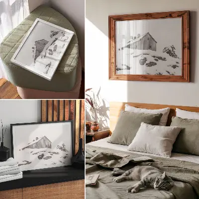 Decorative canvas print minimalist winter house with a snowy backdrop