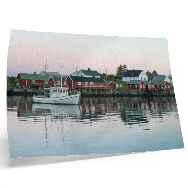 Poster cubist red houses by the lake