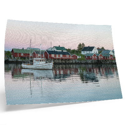 Poster Cubist red houses by the lake are radiant