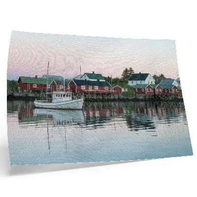 Poster cubist red houses by the lake
