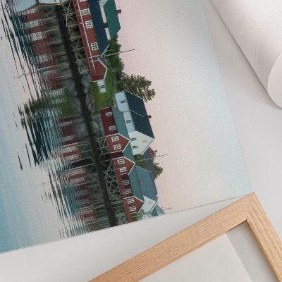 Poster Cubist red houses by the lake are radiant