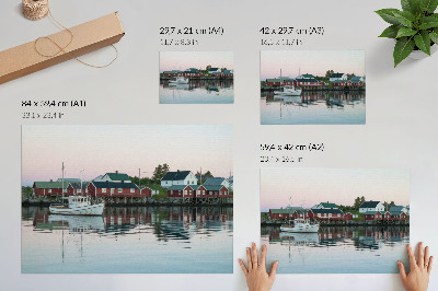 Poster Cubist red houses by the lake are radiant