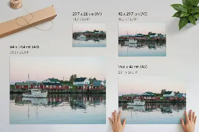 Poster cubist red houses by the lake
