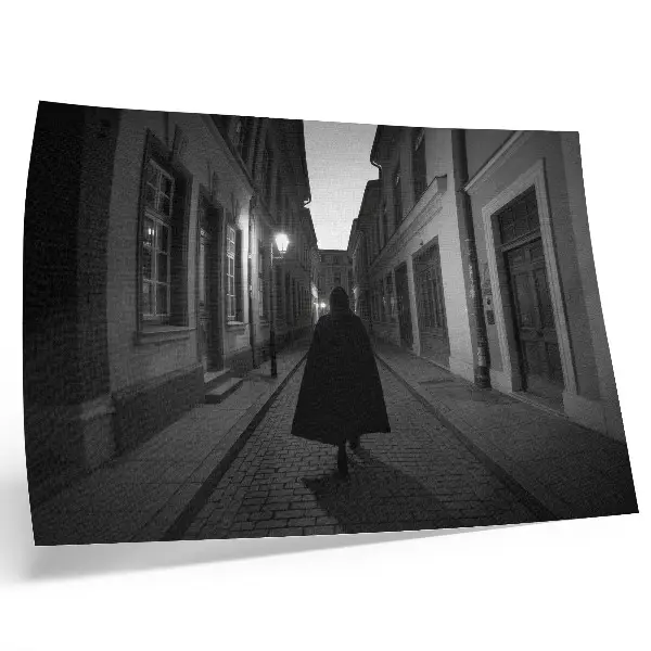 Decorative canvas print featuring a dark street with a mysterious figure in a nostalgic atmosphere