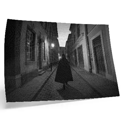 Decorative canvas print featuring a dark street with a mysterious figure in a nostalgic atmosphere