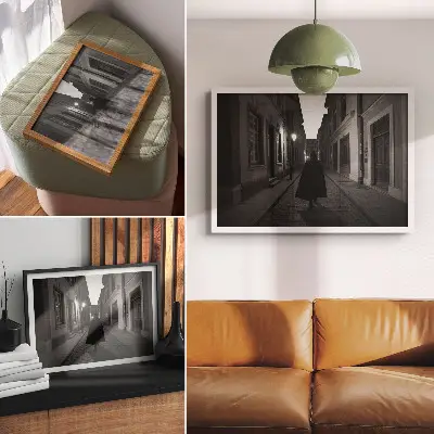 Decorative canvas print featuring a dark street with a mysterious figure in a nostalgic atmosphere