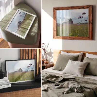 Poster country barn with purple and yellow meadow flowers