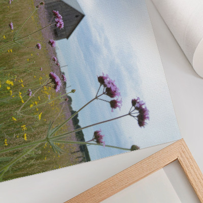 Poster Country barn purple and yellow flowers meadow