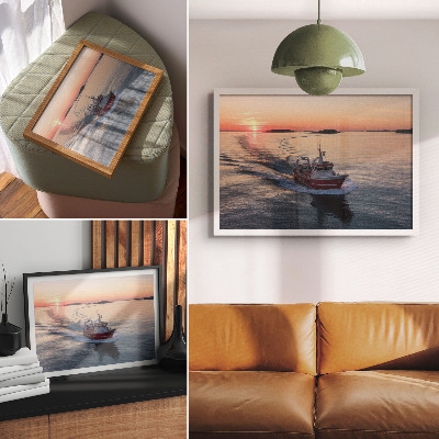 Photo canvas Sunset over the calm sea, boat movement