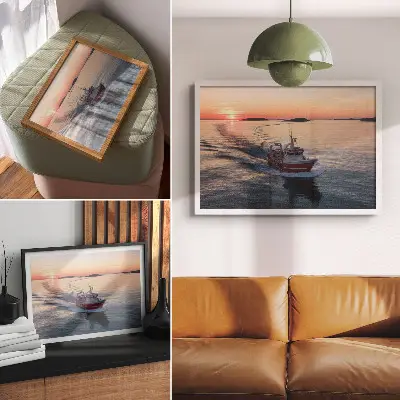 Photo canvas sunset over the calm sea with boat movement