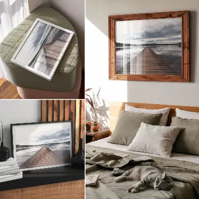 Decorative canvas print picturesque lakeside pier with a mountain view