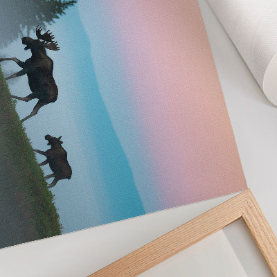 Poster Moose in the morning against the background of fog and trees