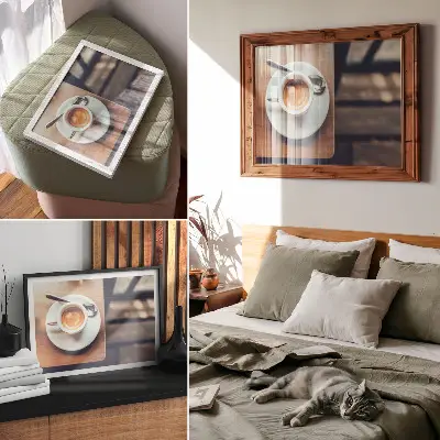 Photo canvas espresso cup on a wooden table with high contrast