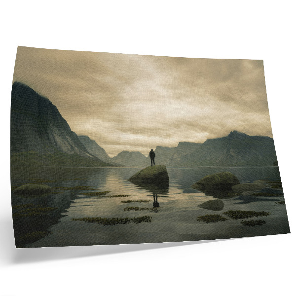 Poster Mountains lake person peaceful harmony of nature