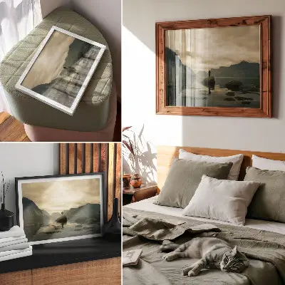 Poster peaceful mountain lake scene with a person in harmony with nature