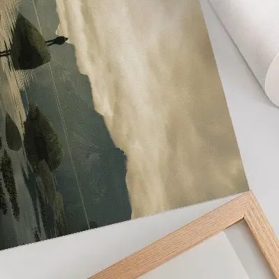 Poster peaceful mountain lake scene with a person in harmony with nature