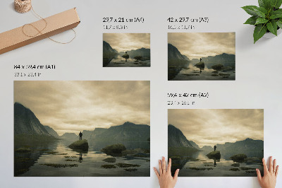 Poster Mountains lake person peaceful harmony of nature