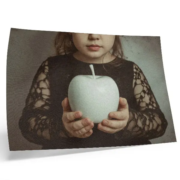 Decorative canvas print girl with white fruit and mysterious atmosphere