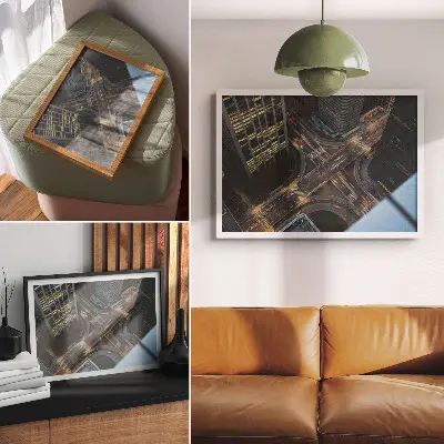 Poster Aerial city panorama with night lights and modern architecture