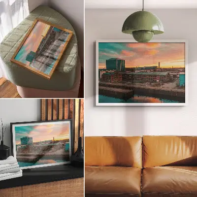 Decorative canvas print industrial buildings at sunset in a peaceful atmosphere