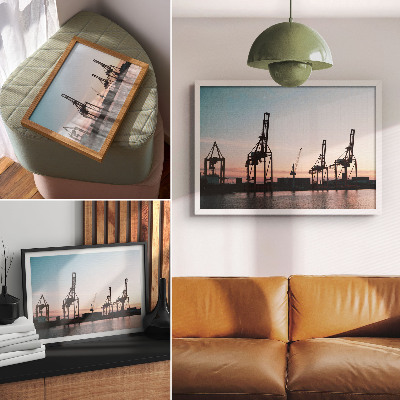 Photo canvas Cranes in the port at sunset