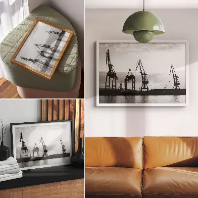 Decorative canvas print minimalist harbor cranes in black and white