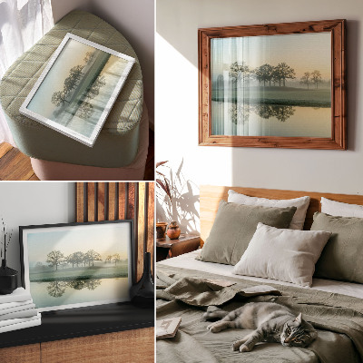 Photo canvas Calm water surface, reflection of trees, soft fog