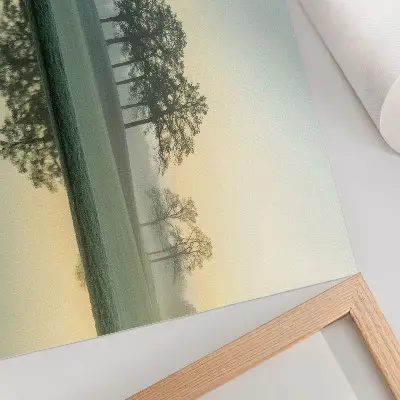 Photo canvas calm water surface with reflections of trees in soft fog